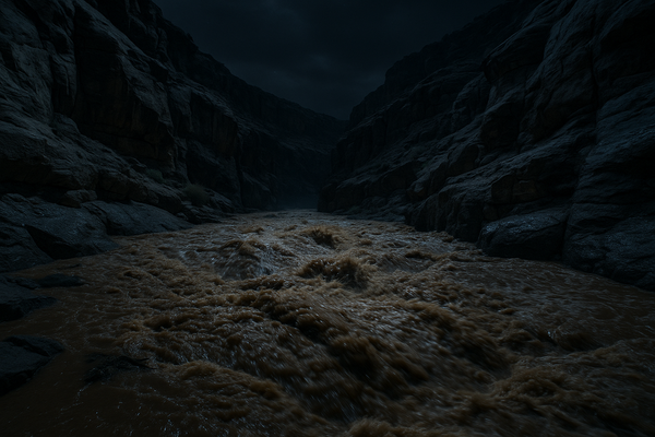 of a desert wash running fast with brown floodwater at night, rocky canyon walls visible on either side, no people