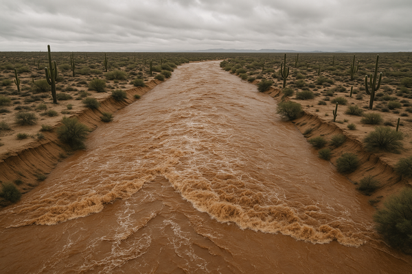Wide aerial view of a desert wash running fast with brown floodwater, saguaro cacti on the banks, overcast monsoon sky