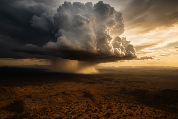 Wide aerial view of dark monsoon storm clouds building over a desert landscape at dusk, dramatic light, no people