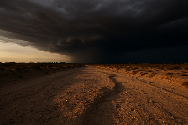 Wide desert wash at dusk with dark storm clouds building over a flat urban horizon, warm amber light on the ground, no people