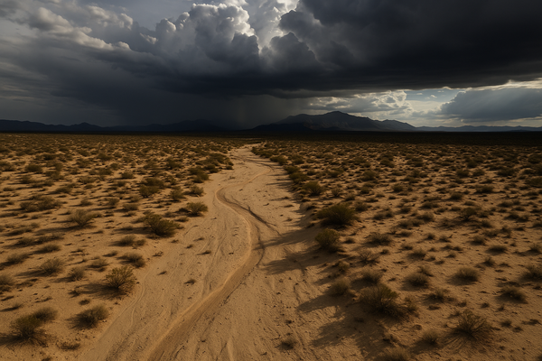 Wide aerial view of a dry desert wash with dark storm clouds building over distant mountains, warm afternoon light on the for
