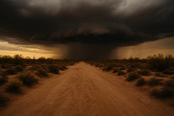 of dark monsoon storm clouds building over a dry desert wash at dusk, Sonoran Desert scrub in the foreground, no people