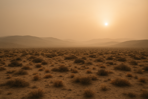 Wide desert landscape at dusk with a hazy orange sky over low hills, no people, no text