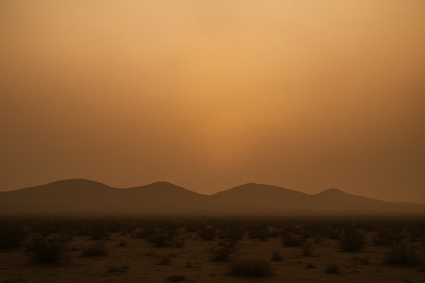 of a hazy desert sky over low hills at dusk, warm orange light diffused through thick air, no people