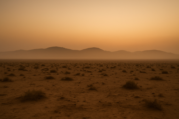 Wide desert landscape at pre-dawn, hazy orange sky over low hills, no people