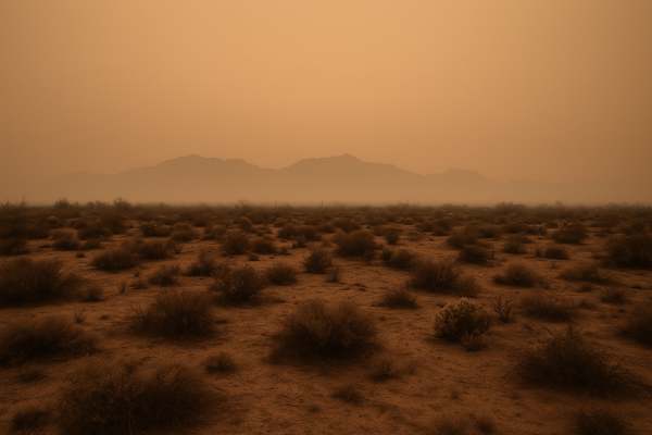 of a hazy desert sky at dusk over a dry Sonoran landscape, orange and brown tones, no people