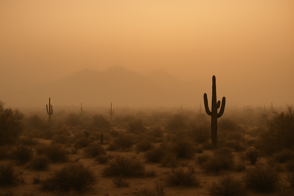 of a hazy desert sky at dusk over a Sonoran Desert landscape, McDowell Mountains faintly visible through orange-tinged smog