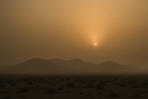 of a hazy desert sky at dusk over low desert hills, warm orange light diffused through smoggy air, no people
