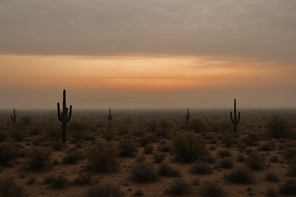 of a hazy desert sky at dawn over a dry Sonoran landscape, orange-tinged horizon, no people