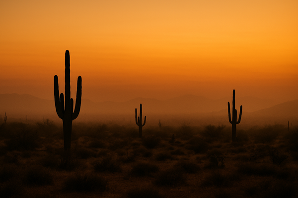 Wide desert landscape at dusk near a small Arizona town, hazy orange sky, saguaro silhouettes, no people