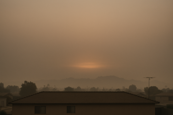 of a hazy desert sky at pre-dawn over a low suburban roofline, faint orange glow on the horizon, no people