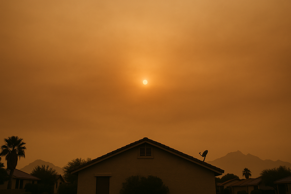 of a hazy desert sky at dusk over a low suburban roofline, McDowell Mountains faintly visible through orange-tinted smog, no