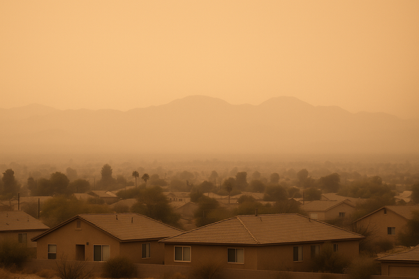 of a hazy desert sky at dusk over a low-rise suburban landscape, orange and brown tones, no people, no text