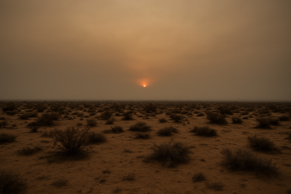 of a hazy desert sky over low desert scrub at dusk, orange-tinged horizon, no people
