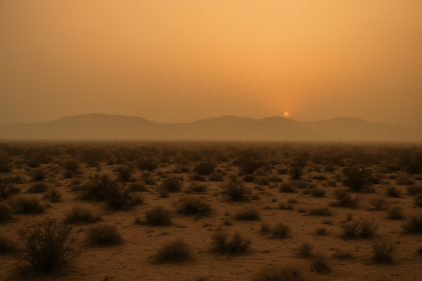 Wide desert landscape at dusk with a hazy orange sky over low hills, no people, no text
