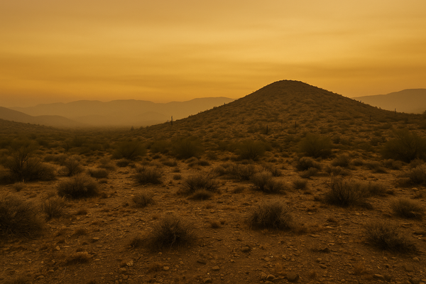 Wide desert sky at dusk over a dry Arizona hillside, hazy amber light, no people