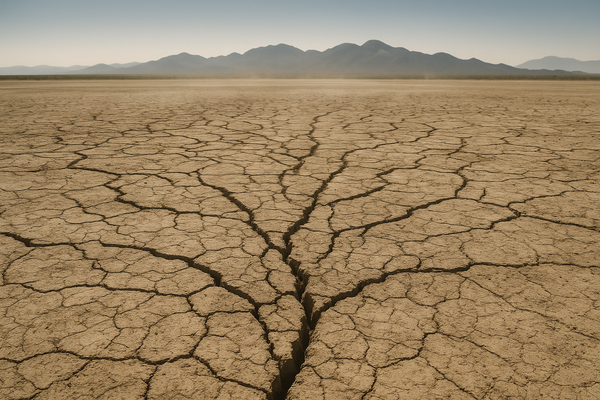 Wide aerial view of a sun-baked desert landscape at midday, heat shimmer rising from cracked earth, pale blue sky with no clo