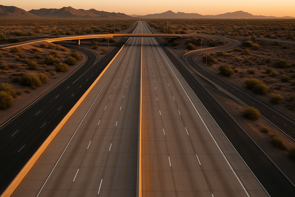 Wide aerial view of a Phoenix freeway interchange at dusk, no vehicles, desert landscape in background