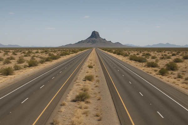 of a desert interstate highway at midday, flat scrubland and a volcanic peak in the distance, no vehicles, no text