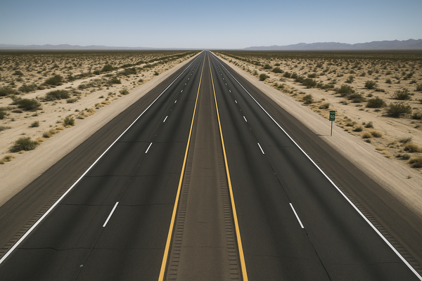 Wide aerial view of a desert freeway at midday, empty eastbound lanes, sparse desert scrub on either side, blue Arizona sky