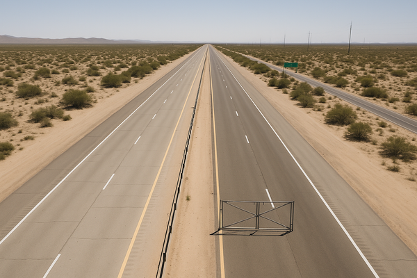 Wide aerial view of a desert interstate highway at midday, empty westbound lanes, sparse Sonoran Desert landscape on both sid