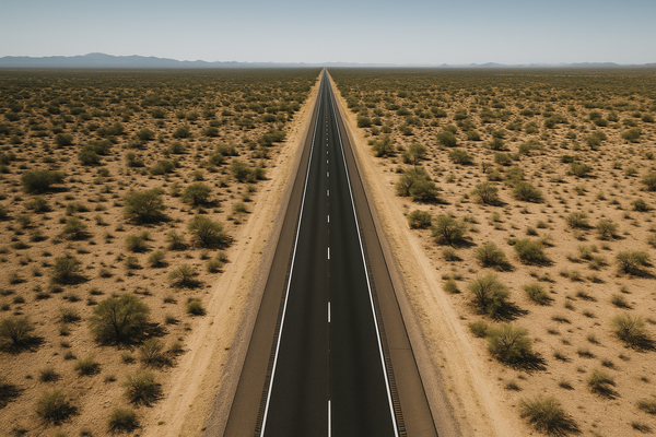 Wide aerial view of an empty desert freeway cutting through dry Arizona scrubland, midday sun, no vehicles, no text