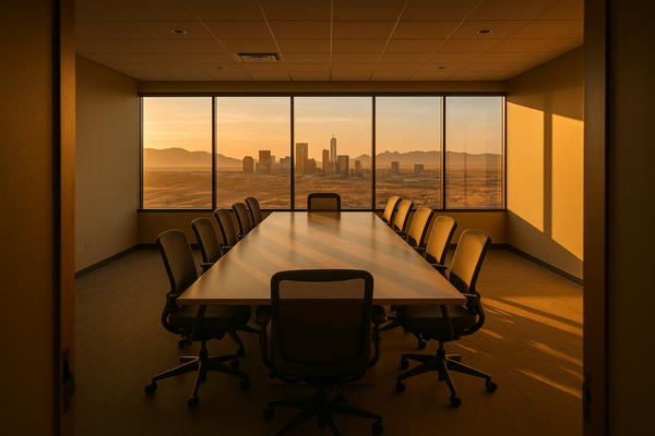 of an empty modern conference room with floor-to-ceiling windows overlooking a desert cityscape at dusk, chairs arranged arou