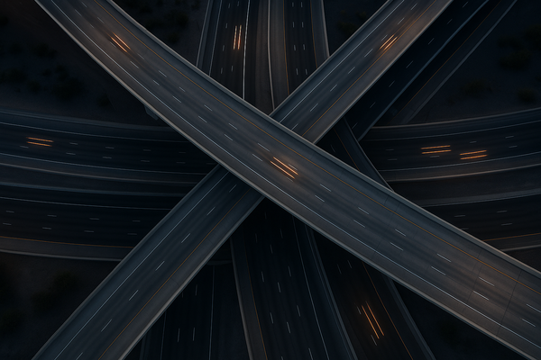 Wide aerial view of a Phoenix-area freeway interchange at night, headlights visible, no people or signage legible