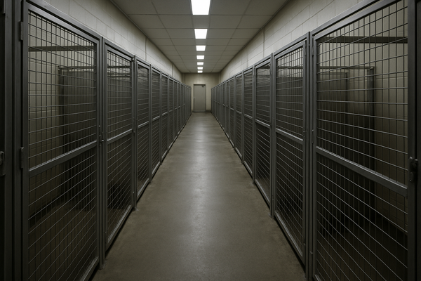 A row of empty kennels inside a clean animal shelter, fluorescent lighting, no people or animals visible