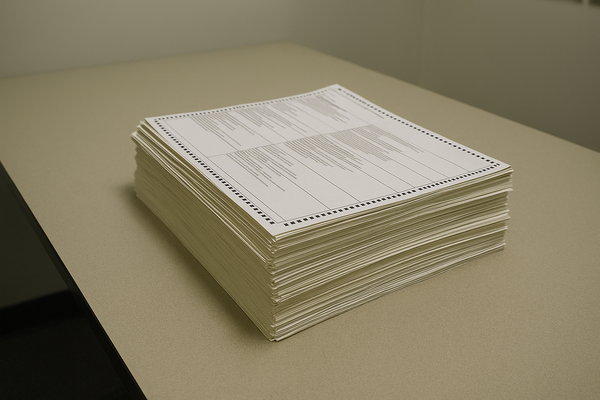 of a stack of paper ballots on a government office table, neutral lighting, no people, no text visible