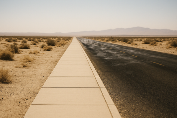 of a desert sidewalk in midday sun, heat shimmer rising from asphalt, no people, no text