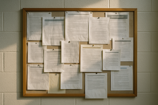 of a public health bulletin board with printed notices, neutral institutional setting, no people, no text visible