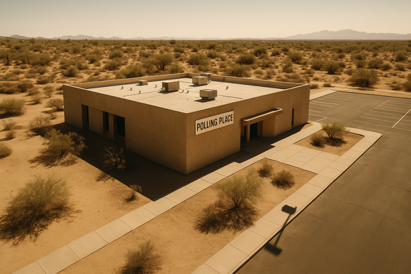 Wide aerial view of a desert county landscape at midday, polling place signage visible near a low-slung civic building, no pe