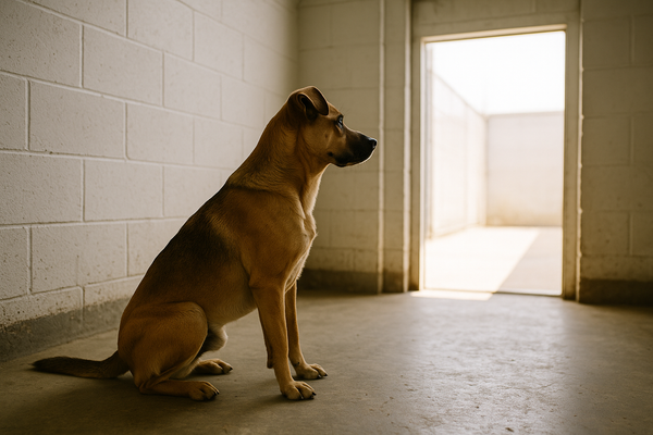 A dog sitting attentively in a bright, clean shelter room, looking toward an open doorway with natural light coming through