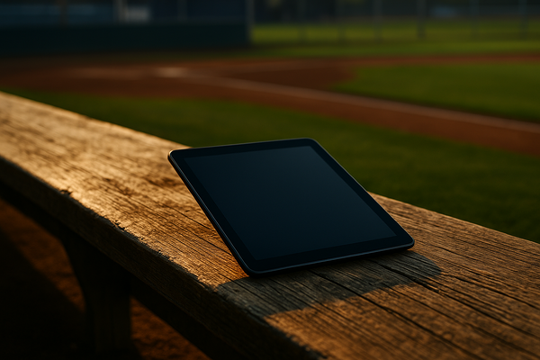 of a tablet resting on a wooden dugout bench, baseball diamond visible out of focus in the background, late afternoon light