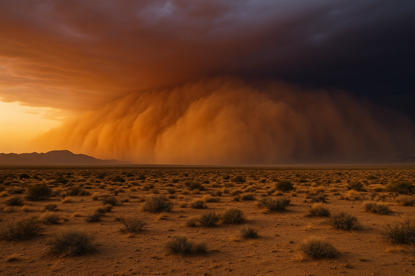 Wide desert landscape at dusk with a towering brown dust wall approaching from the horizon, dramatic orange and purple sky, n