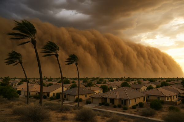 Wide desert landscape at dusk with a towering brown dust wall approaching a suburban neighborhood, palm trees bending in wind
