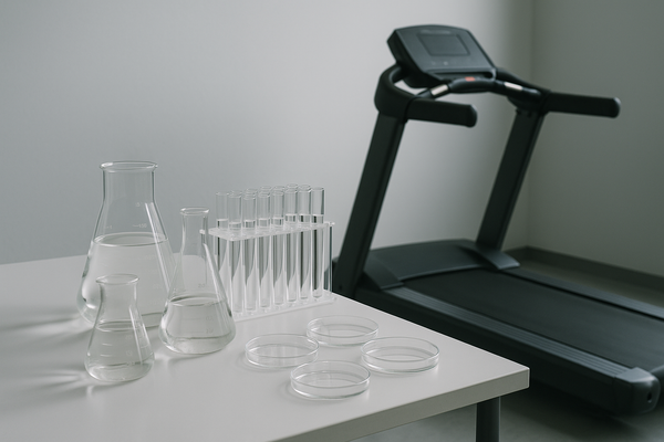 of laboratory glassware and a treadmill side by side on a neutral background, no people, no text