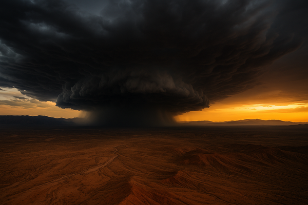Wide aerial view of a dark monsoon storm cell approaching a desert valley at dusk, dramatic cloud formations, no people