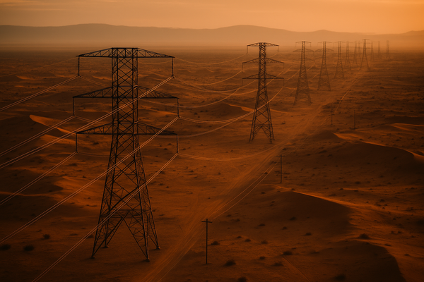 Wide aerial view of high-voltage power transmission lines crossing a desert landscape at dusk, warm orange sky, no people