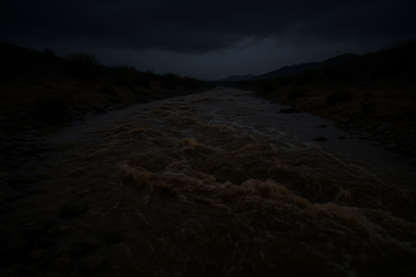 of a desert wash running fast with muddy brown floodwater at night, rocky banks visible, no people