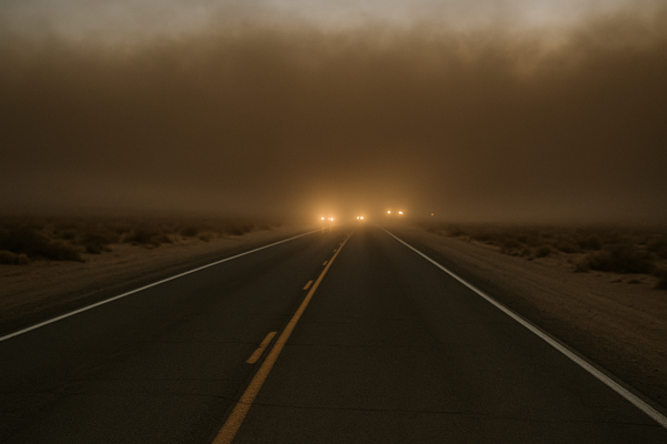 Wide desert highway at night with a wall of brown dust approaching from the horizon, headlights barely visible through the ha