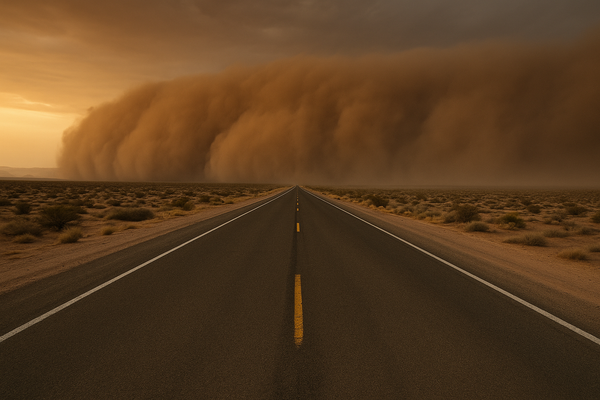 Wide desert highway at dusk with a towering brown dust wall approaching from the horizon, no vehicles visible, dramatic orang