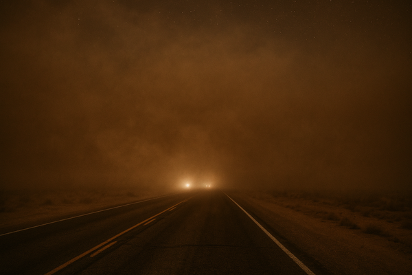 Wide desert highway at night, headlights barely visible through a thick brown dust haze, no people, no text