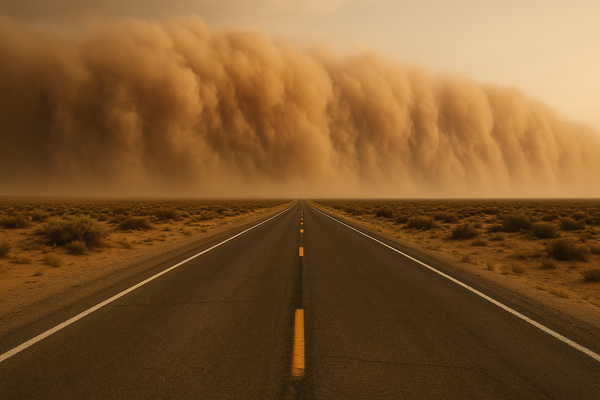 Wide desert highway at dusk with a towering brown dust wall approaching from the horizon, no vehicles or people visible