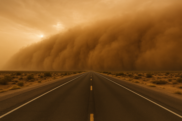 Wide desert landscape at dusk with a towering brown dust wall advancing across a flat Arizona highway, no people visible, dra