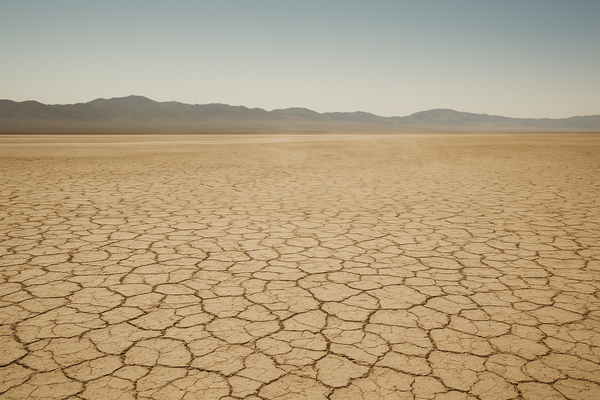 of a sun-bleached desert landscape at midday, heat shimmer rising from cracked earth, cloudless pale blue sky, no people