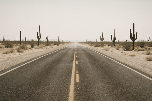of a shimmering desert highway at midday, heat haze rising from asphalt, saguaro cactus in the background under a pale, washe