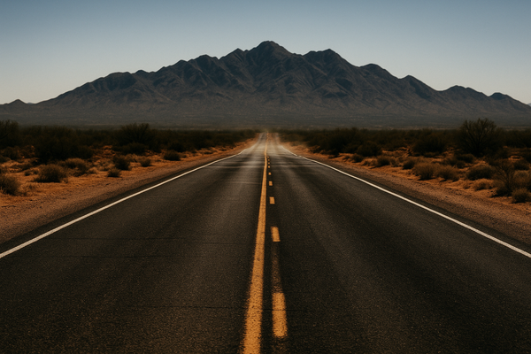 of a shimmering desert highway at midday, heat haze rising from asphalt, McDowell Mountains in the background, no people