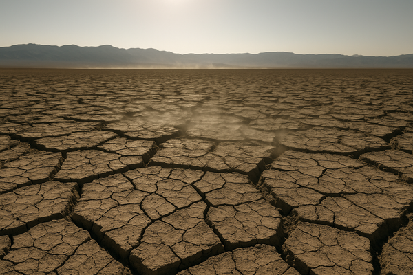 of a sun-bleached desert landscape at midday, heat shimmer rising from cracked earth, cloudless pale sky, no people